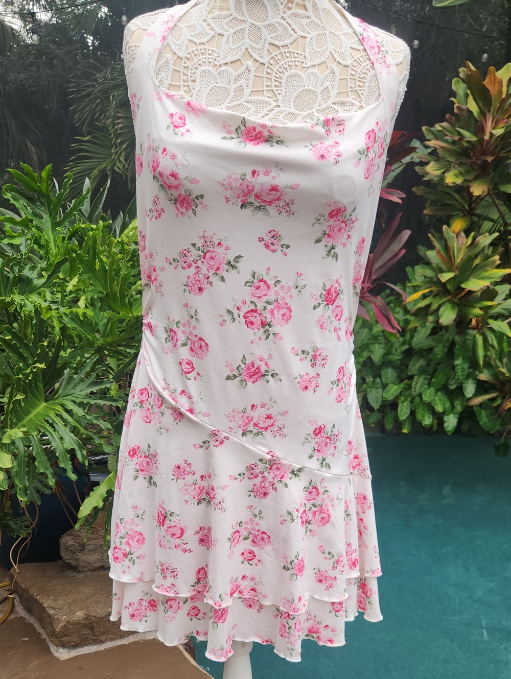 SHEIN White Mini Halter Dress with Pink Floral Print